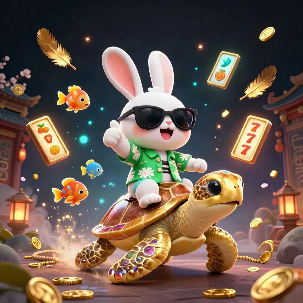 Lucky rabbit rides a golden sea turtle amid casino treasures, neon runes, and tropical fish.