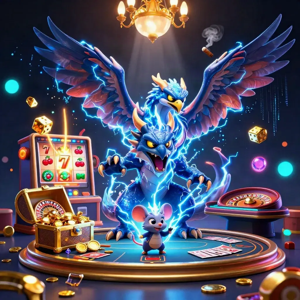 Thunder dragon, wind hawk, and thunder-mouse amid casino magic, gold, and neon glow.