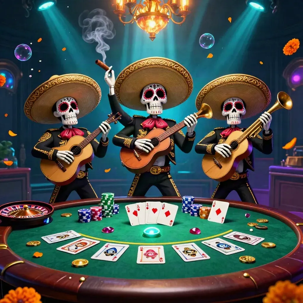 Day-of-the-Dead skeleton mariachi trio at a glowing casino table underwater with cards, chips and neon light