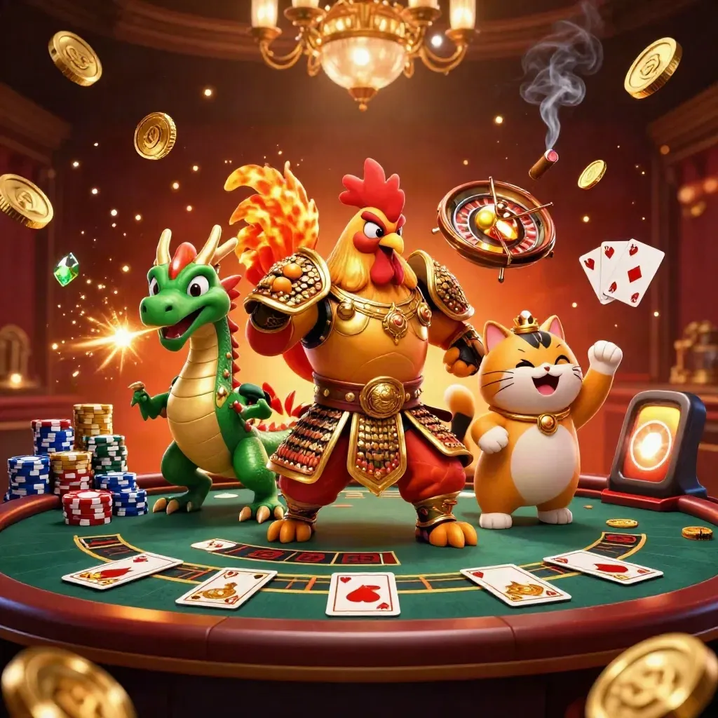 Rooster warrior, dragon hatchling, and fortune cat amid casino sparks and glowing gold loot.