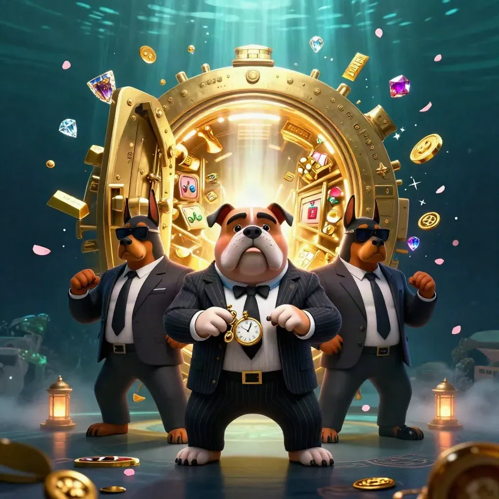 Bulldog mob boss and two Dobermans before a bursting gold vault in neon casino style