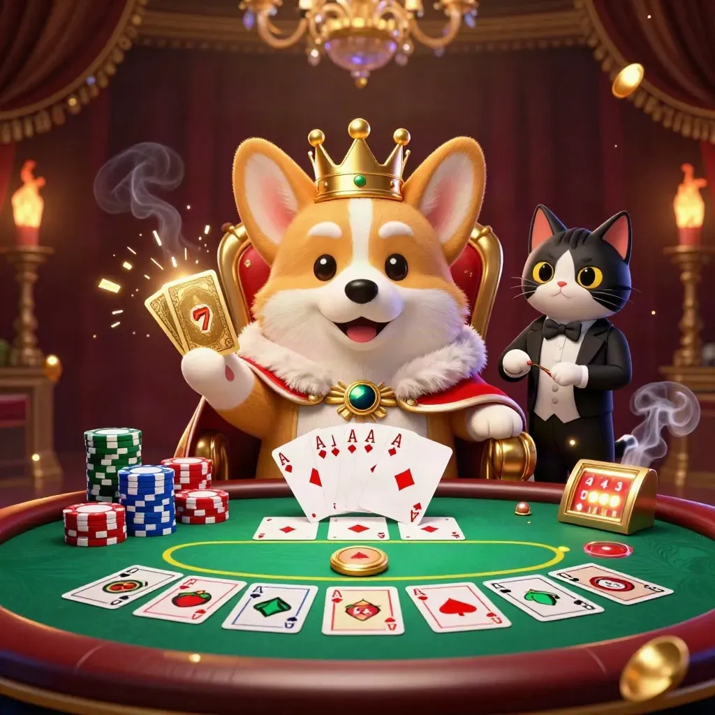 Royal corgi king and cat butler on chip throne amid cards, reels, chips, gold casino glow