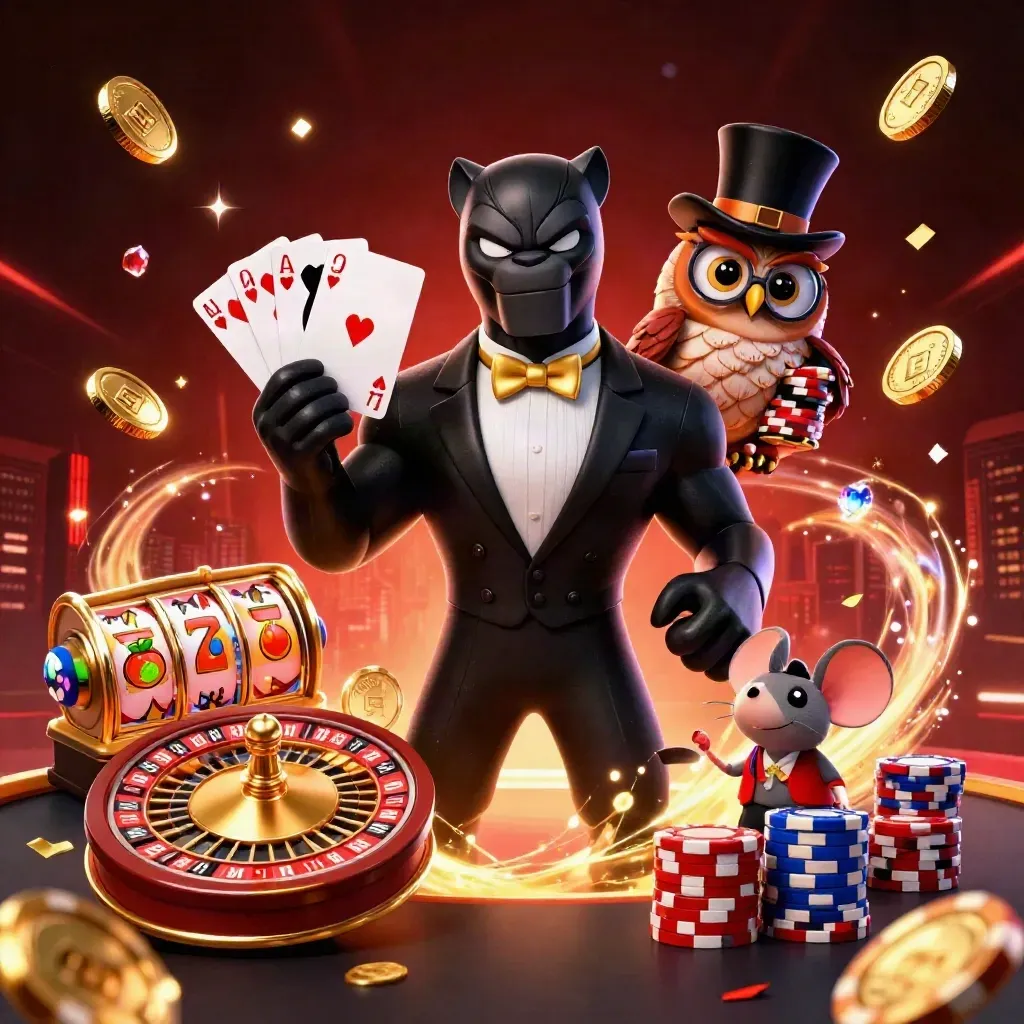 Panther, owl, and mouse amid casino riches, chips, cards, and neon red effects.