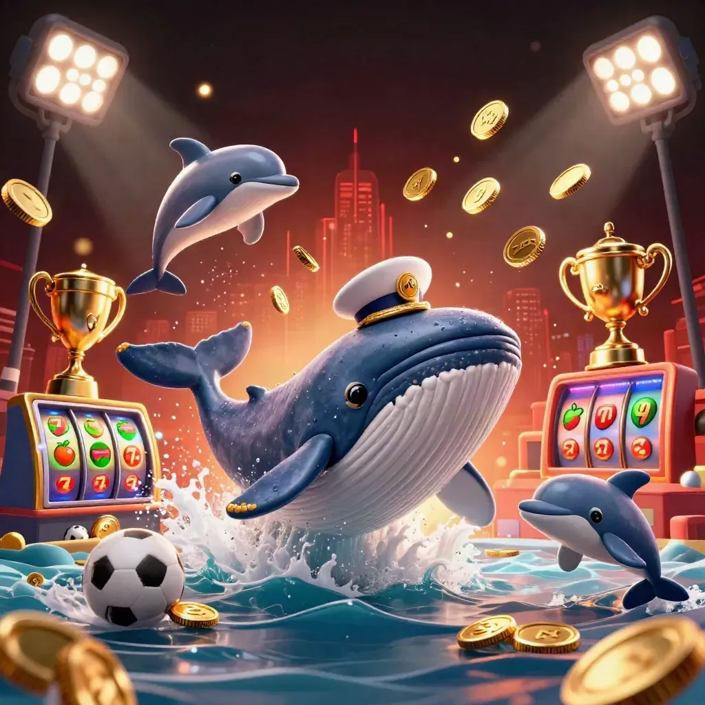 Whale captain, narwhal, and dolphins burst through coins with sports balls, trophy, and fireworks.
