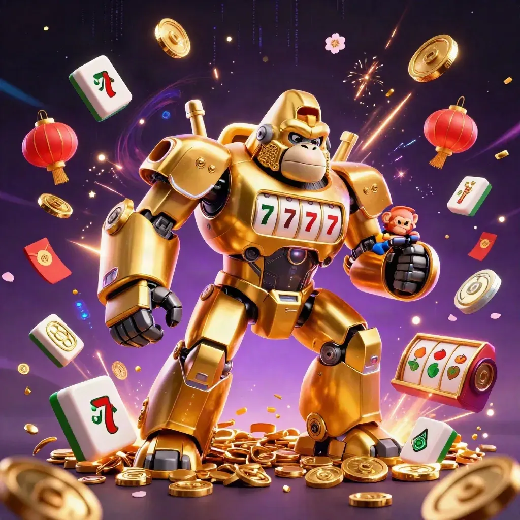 Golden gorilla mech and monkey pilot amid coins, reels, lanterns, fireworks, and neon casino chaos.