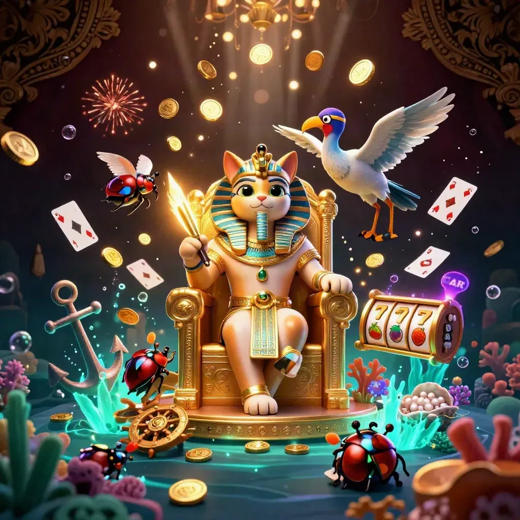 Pharaoh cat on a golden throne amid coins, coral, cards, and glowing scarabs in a luxe casino treasure cove.