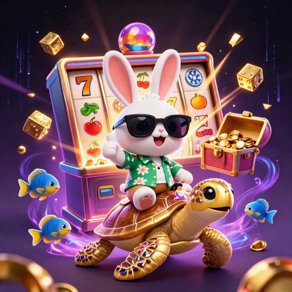 Rabbit on gold turtle amid slot burst, dice, fish and gold in neon casino glow.