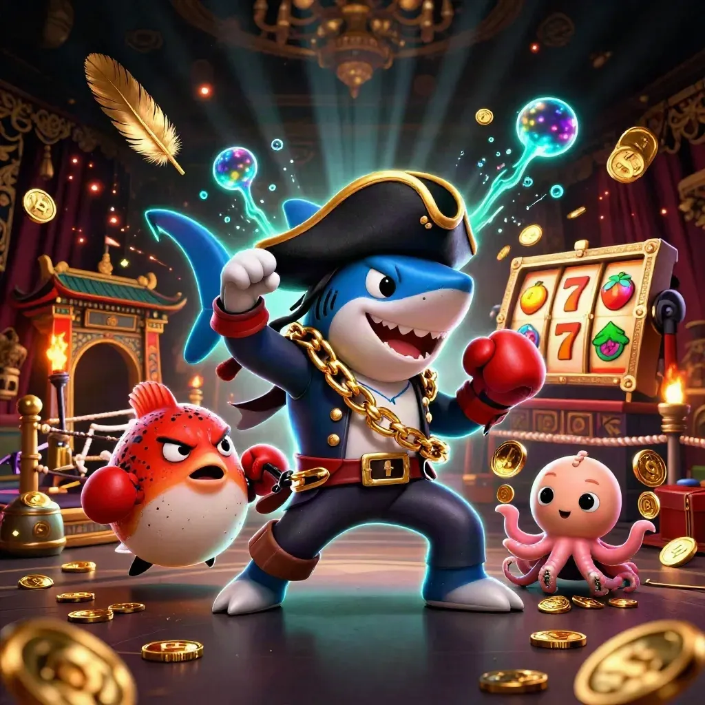 Shark pirate, pufferfish boxer, and coin-juggling octopus amid casino and temple glow