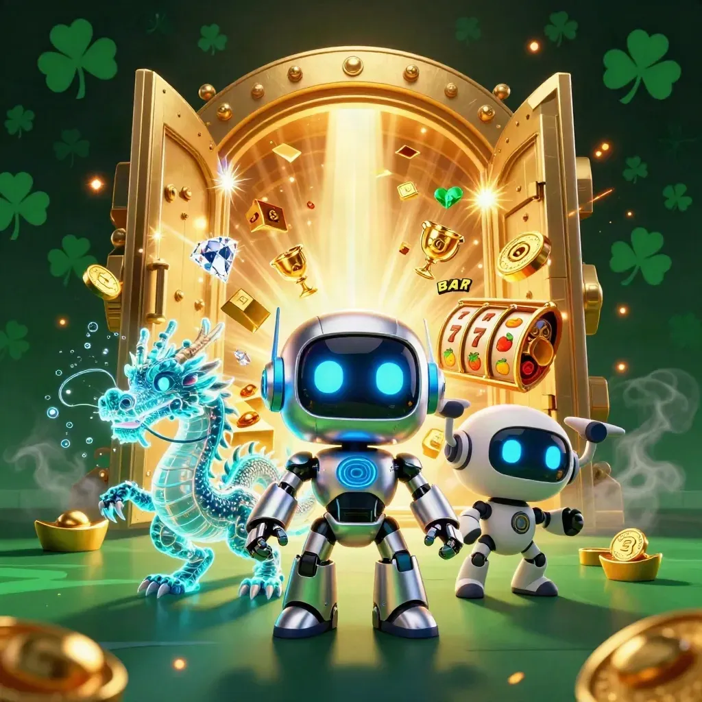 Cyberpunk robot, holographic dragon and coin drone before a glowing treasure vault.