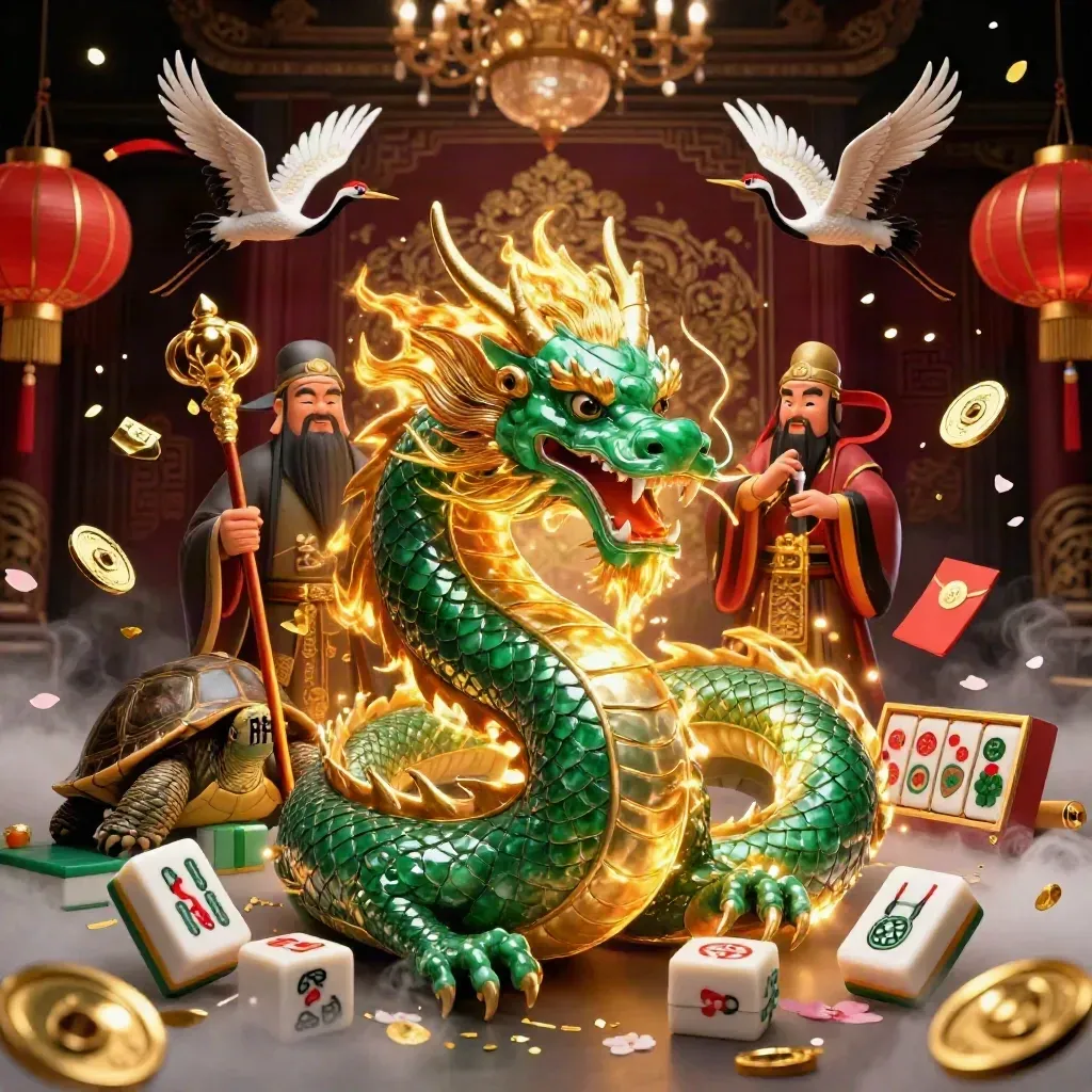 Emerald dragon, turtle sage, and cranes amid casino symbols and golden fire